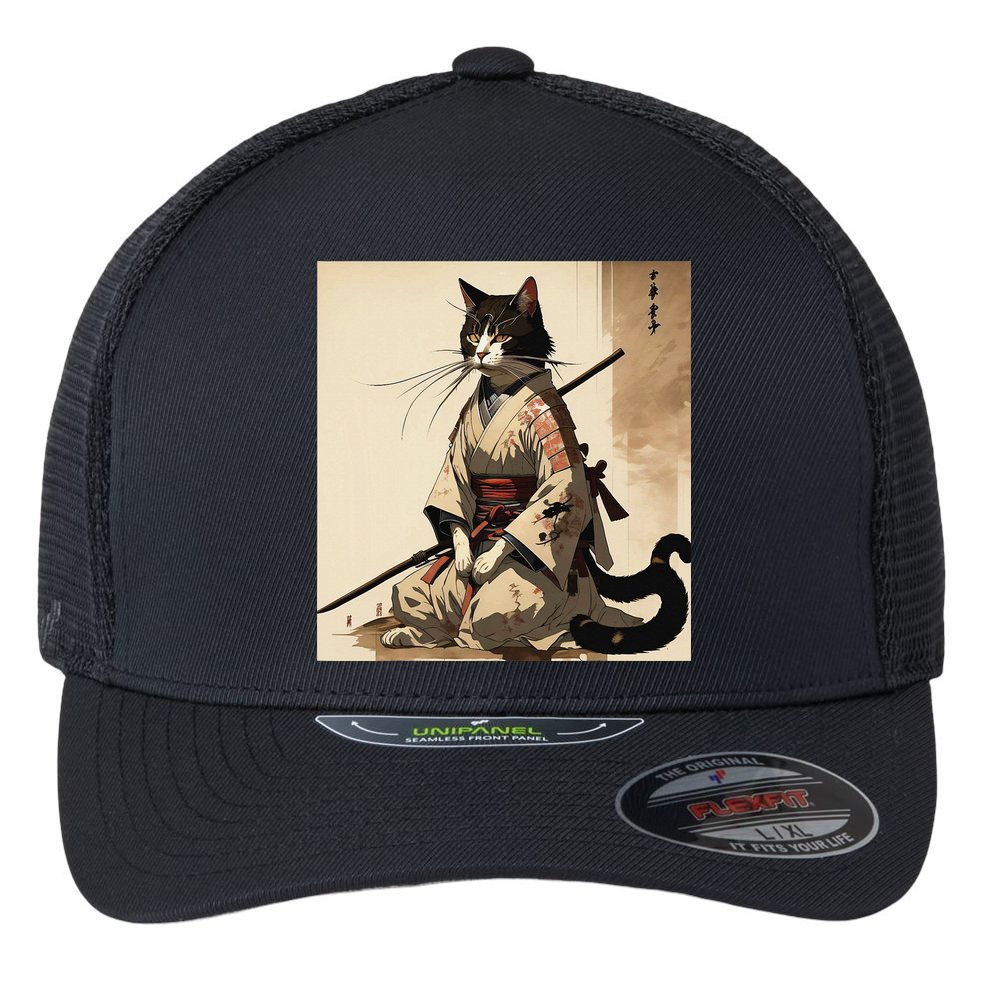 Samurai Cat Artwork Japanese Flexfit Unipanel Trucker Cap
