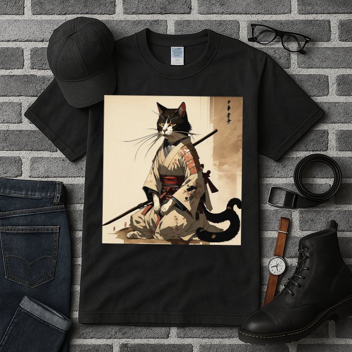 Samurai Cat Artwork Japanese Tall T-Shirt