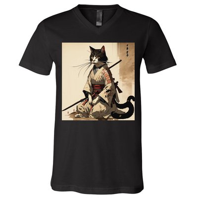 Samurai Cat Artwork Japanese V-Neck T-Shirt