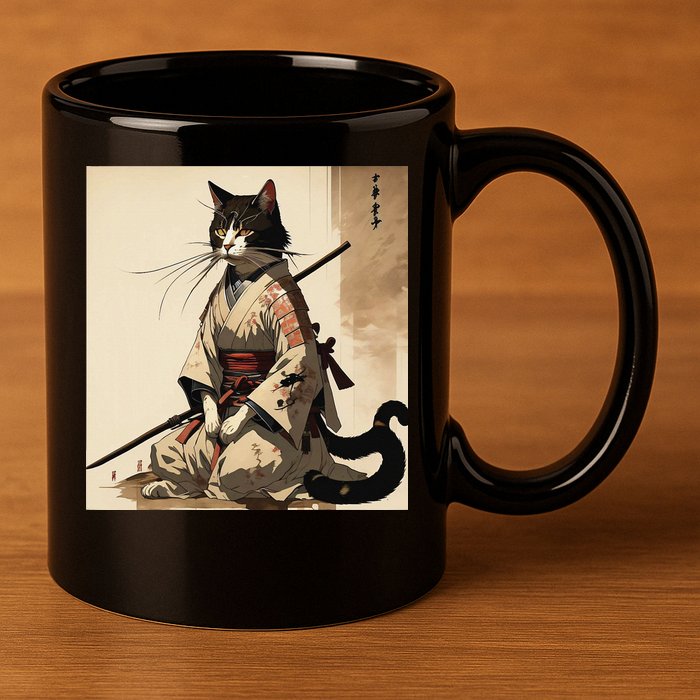 Samurai Cat Artwork Japanese 11oz C Handle Ceramic Mug
