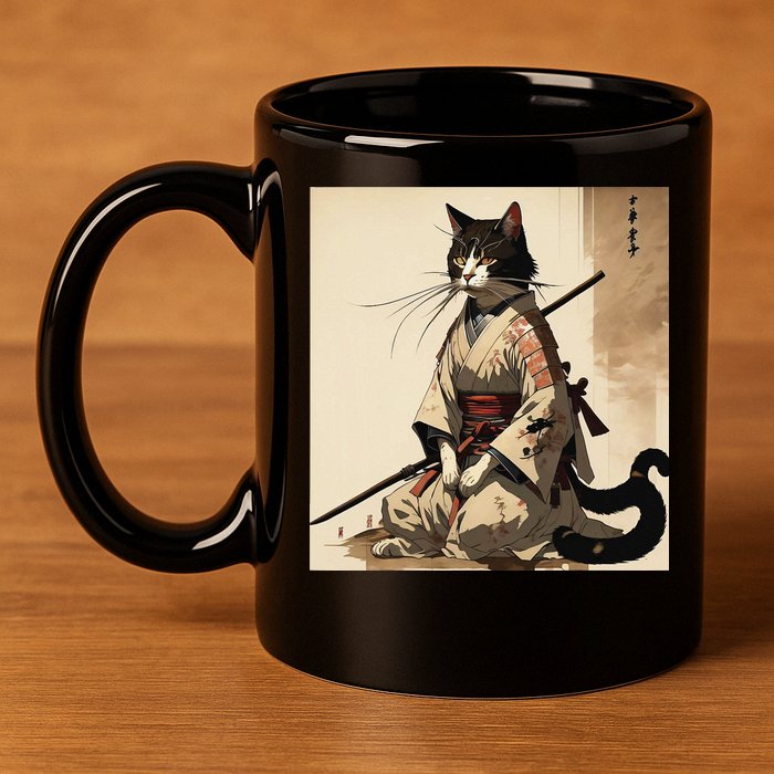 Samurai Cat Artwork Japanese 11oz C Handle Ceramic Mug