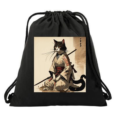 Samurai Cat Artwork Japanese Drawstring Bag