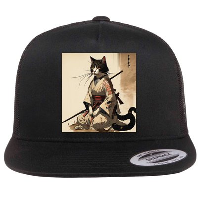 Samurai Cat Artwork Japanese Flat Bill Trucker Hat