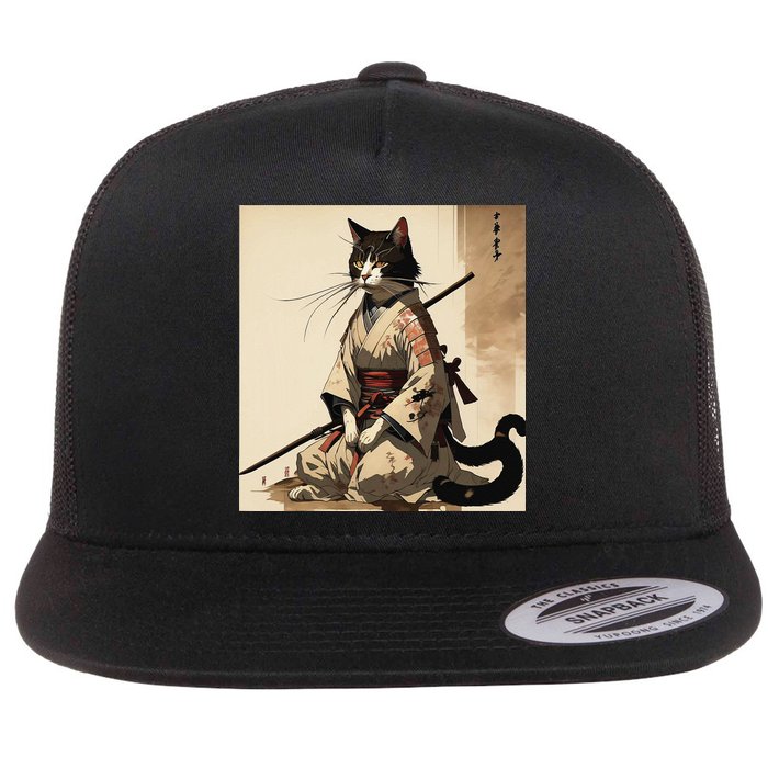Samurai Cat Artwork Japanese Flat Bill Trucker Hat