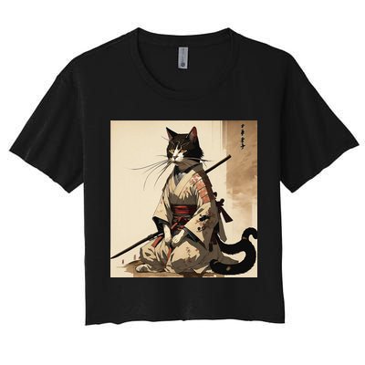 Samurai Cat Artwork Japanese Women's Crop Top Tee