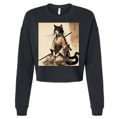 Samurai Cat Artwork Japanese Cropped Pullover Crew