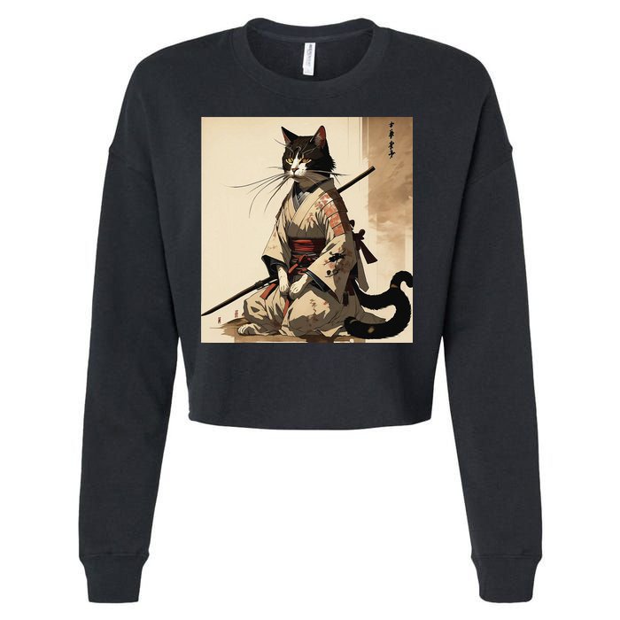 Samurai Cat Artwork Japanese Cropped Pullover Crew