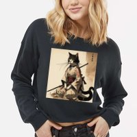 Samurai Cat Artwork Japanese Cropped Pullover Crew