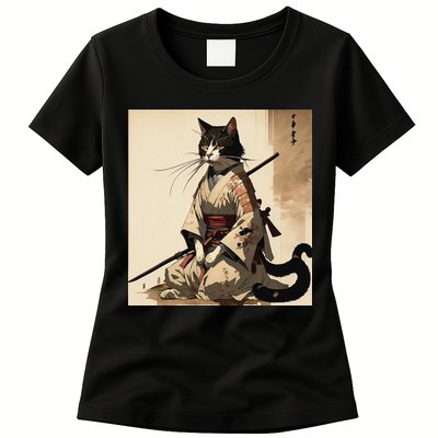 Samurai Cat Artwork Japanese Womens T-Shirt