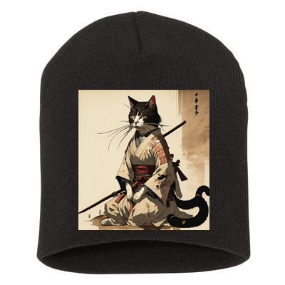 Samurai Cat Artwork Japanese Short Acrylic Beanie