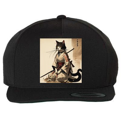 Samurai Cat Artwork Japanese Wool Snapback Cap