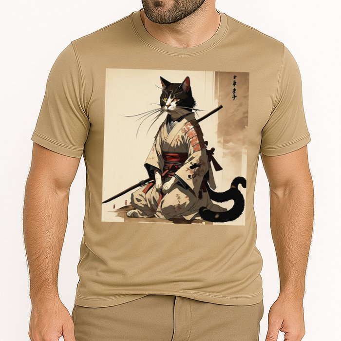 Samurai Cat Artwork Japanese Cooling Performance Crew T-Shirt