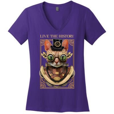 Steampunk Cat Animal Bizarre Women's V-Neck T-Shirt