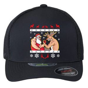 Santa Claus And Reindeer Arm Wrestling Ugly Christmas Flexfit Unipanel Trucker Cap