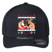 Santa Claus And Reindeer Arm Wrestling Ugly Christmas Flexfit Unipanel Trucker Cap