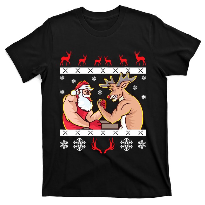 Santa Claus And Reindeer Arm Wrestling Ugly Christmas T-Shirt