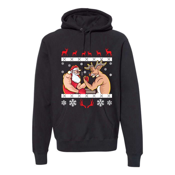 Santa Claus And Reindeer Arm Wrestling Ugly Christmas Premium Hoodie