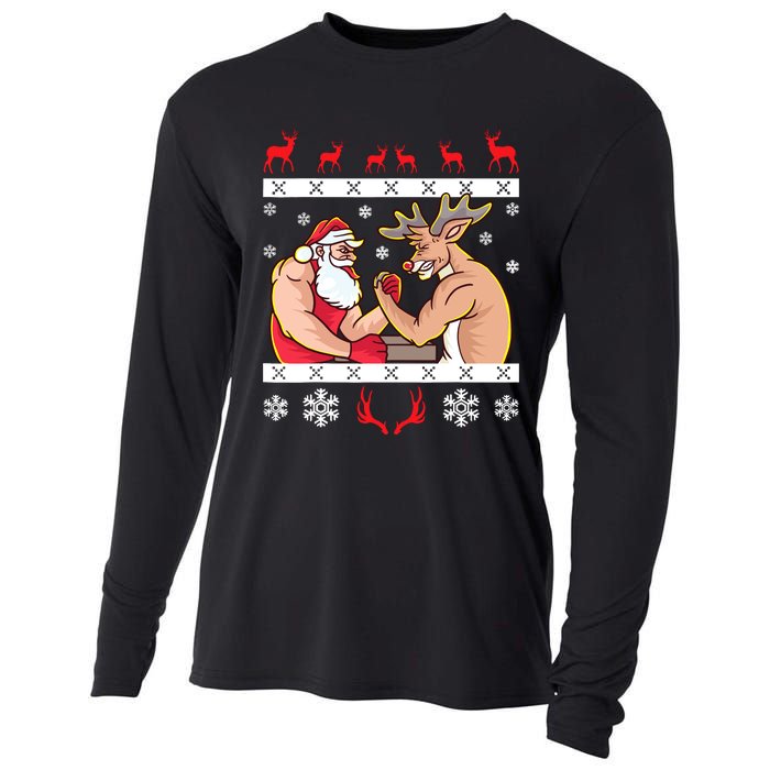 Santa Claus And Reindeer Arm Wrestling Ugly Christmas Cooling Performance Long Sleeve Crew