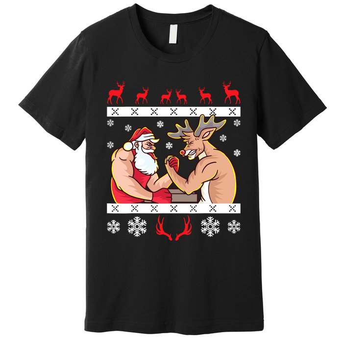 Santa Claus And Reindeer Arm Wrestling Ugly Christmas Premium T-Shirt