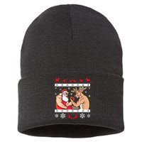 Santa Claus And Reindeer Arm Wrestling Ugly Christmas Sustainable Knit Beanie