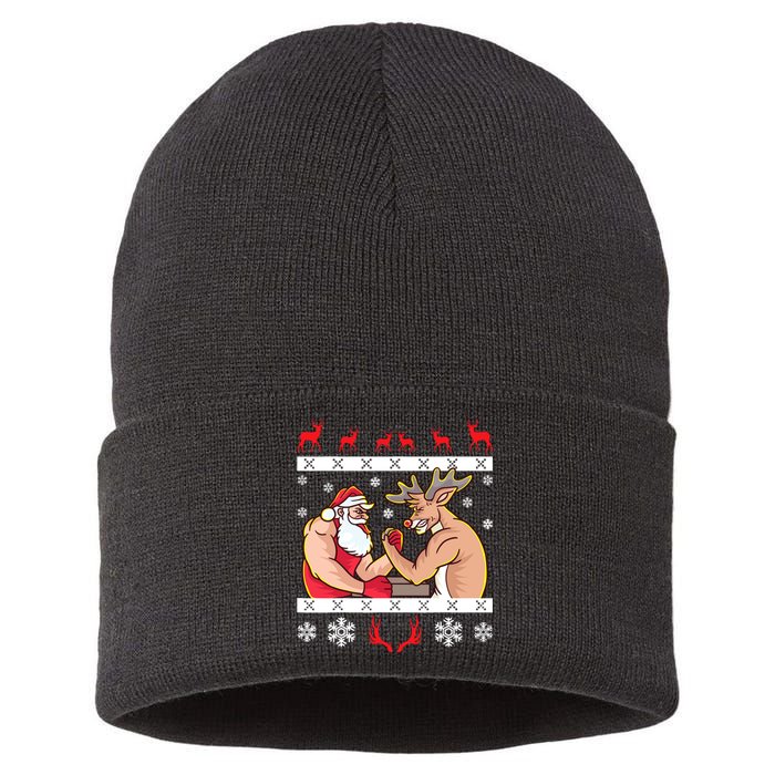 Santa Claus And Reindeer Arm Wrestling Ugly Christmas Sustainable Knit Beanie