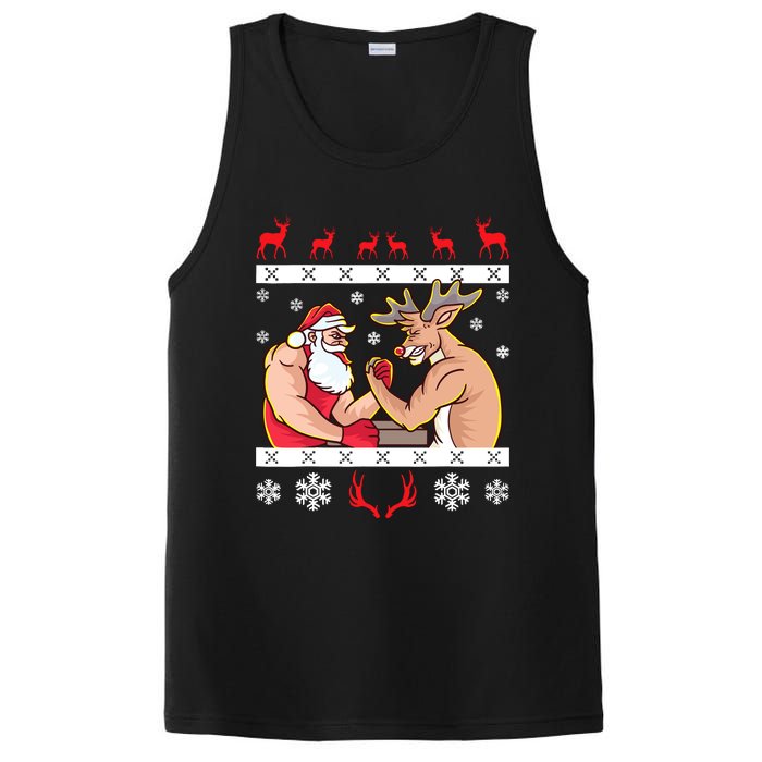 Santa Claus And Reindeer Arm Wrestling Ugly Christmas PosiCharge Competitor Tank