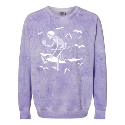 Scary Skeleton Riding Shark Colorblast Crewneck Sweatshirt