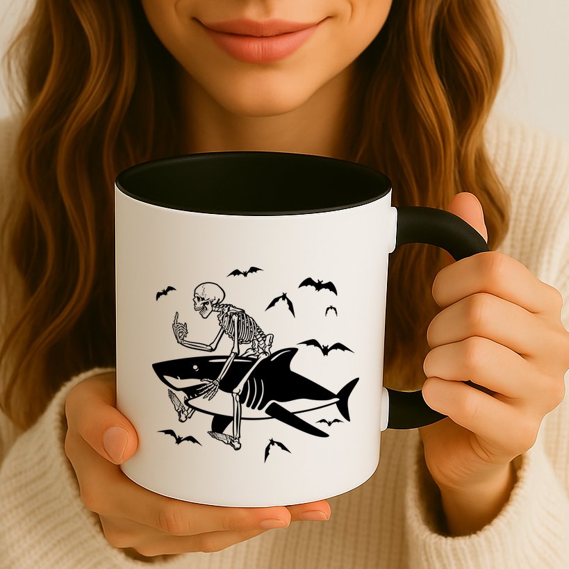 Scary Skeleton Riding Shark Mug