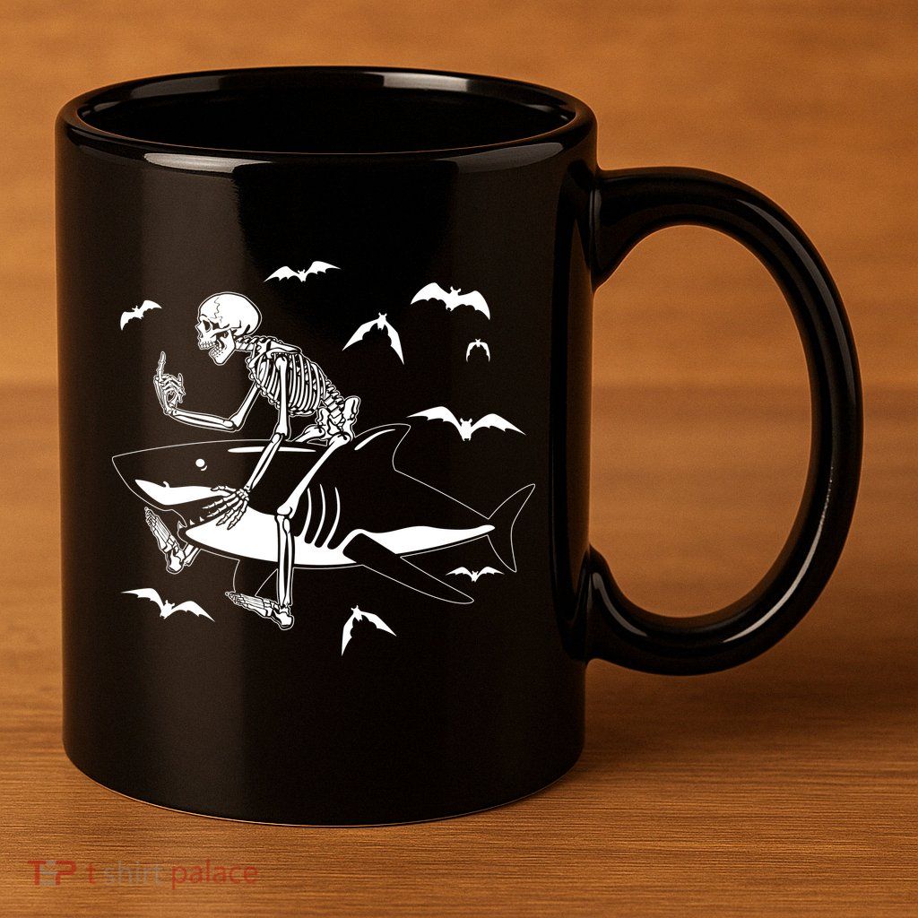 Scary Skeleton Riding Shark 11oz C Handle Ceramic Mug