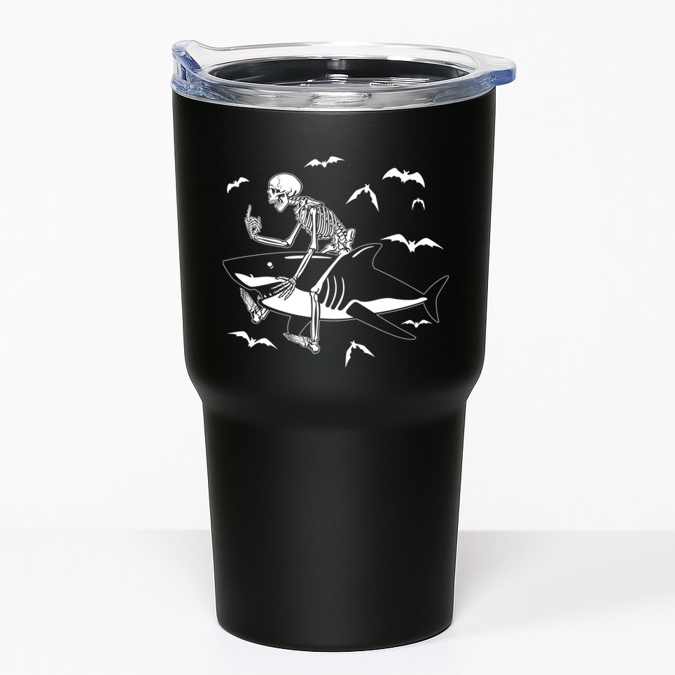 Scary Skeleton Riding Shark Tumbler