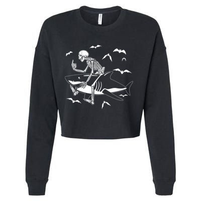 Scary Skeleton Riding Shark Cropped Pullover Crew