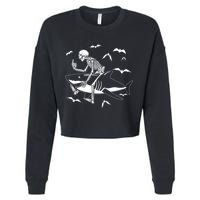 Scary Skeleton Riding Shark Cropped Pullover Crew