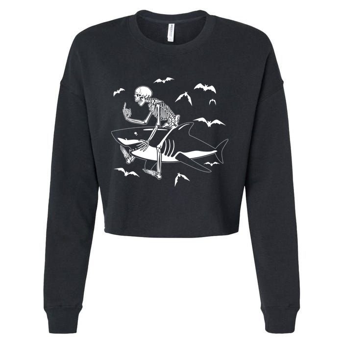 Scary Skeleton Riding Shark Cropped Pullover Crew