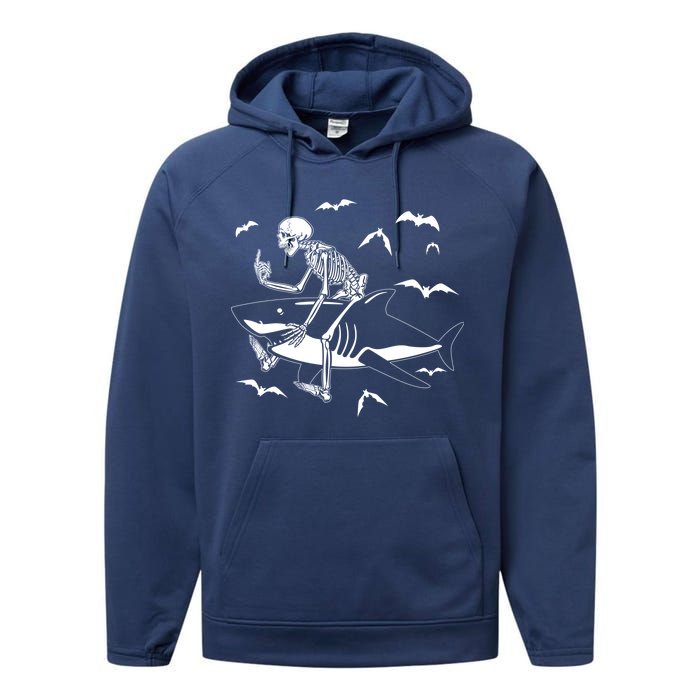 Scary Skeleton Riding Shark Performance Fleece Hoodie