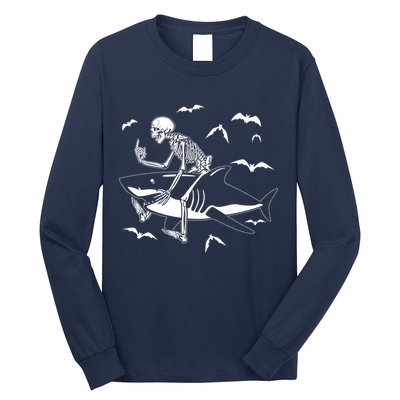 Scary Skeleton Riding Shark Long Sleeve Shirt