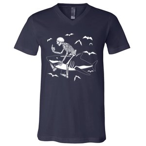 Scary Skeleton Riding Shark V-Neck T-Shirt