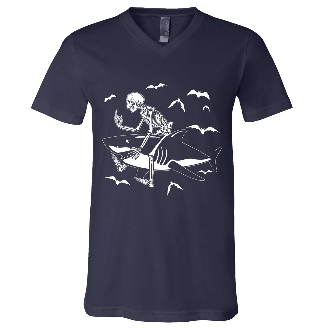 Scary Skeleton Riding Shark V-Neck T-Shirt