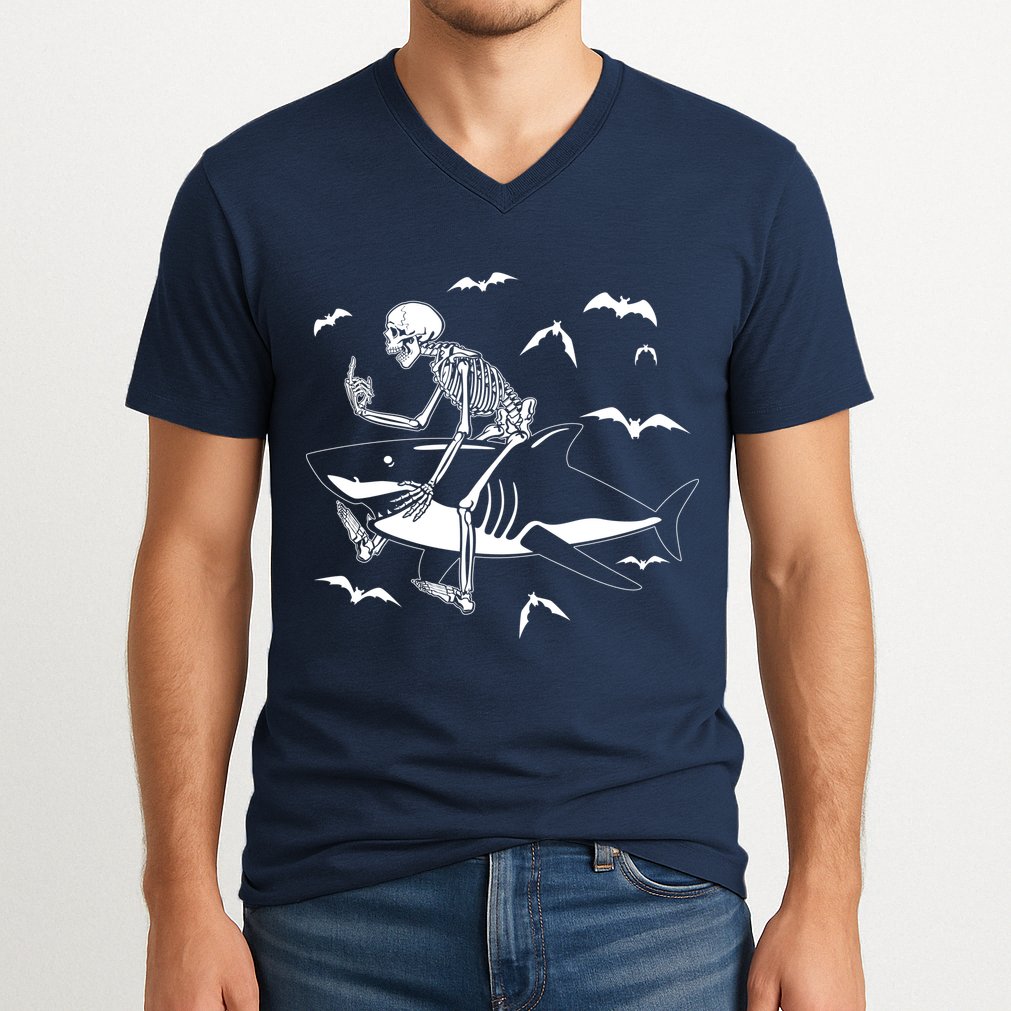 Scary Skeleton Riding Shark V-Neck T-Shirt