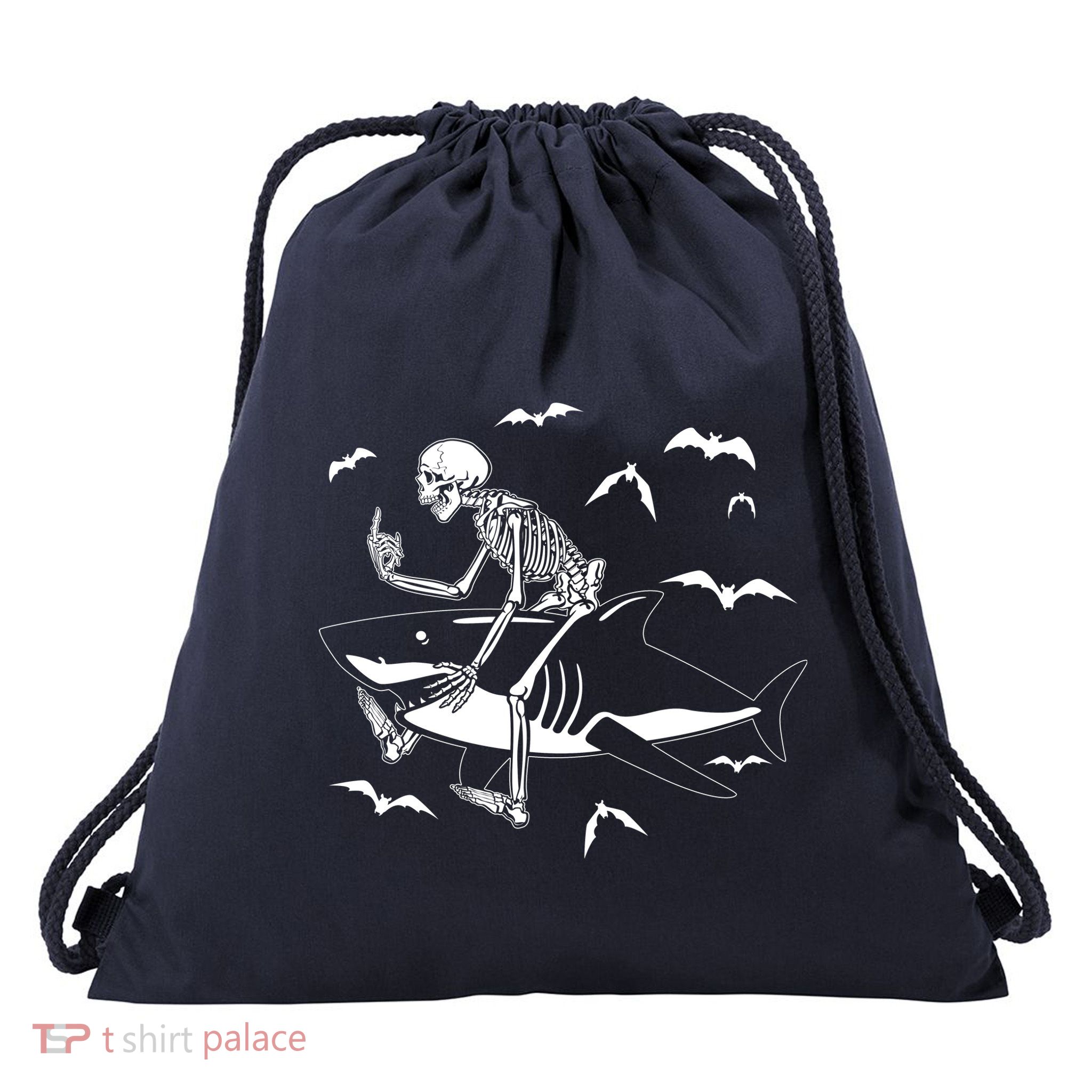 Scary Skeleton Riding Shark Drawstring Bag