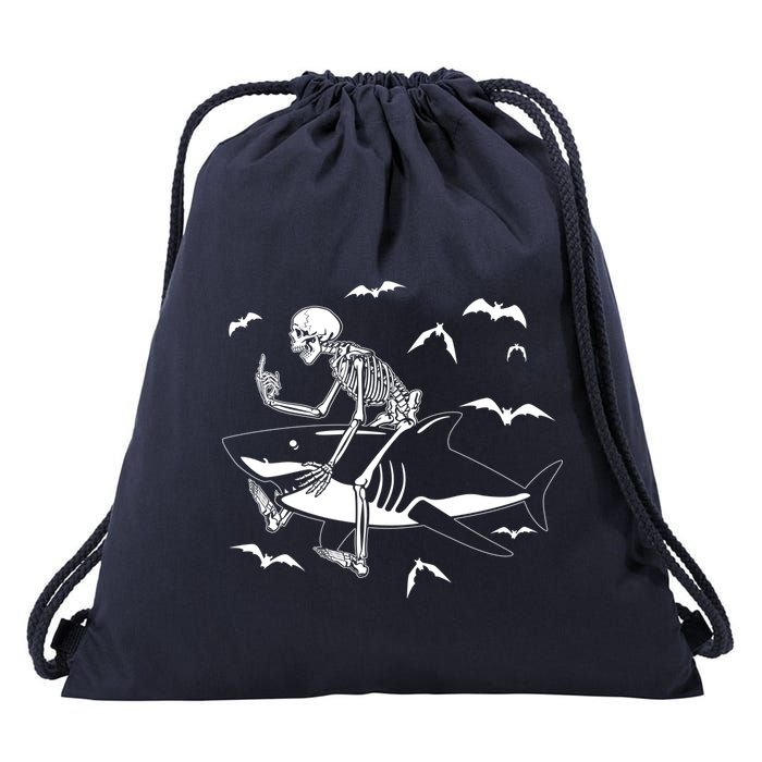 Scary Skeleton Riding Shark Drawstring Bag