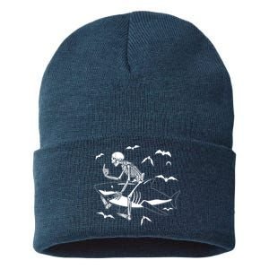 Scary Skeleton Riding Shark Sustainable Knit Beanie