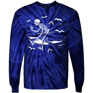 Scary Skeleton Riding Shark Tie-Dye Long Sleeve Shirt