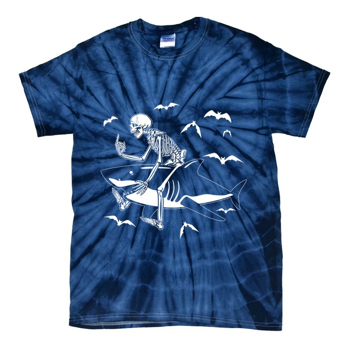 Scary Skeleton Riding Shark Tie-Dye T-Shirt