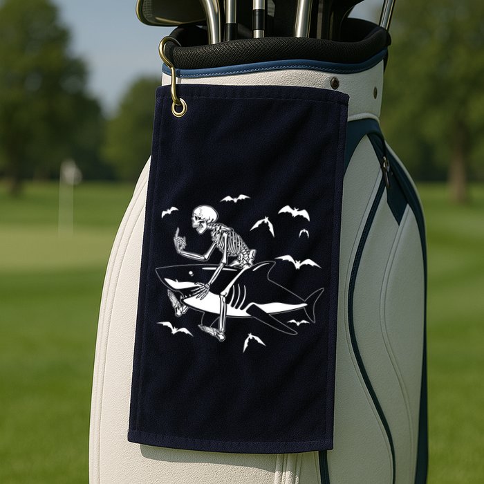 Scary Skeleton Riding Shark Golf Towel
