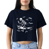 Scary Skeleton Riding Shark Crop Top