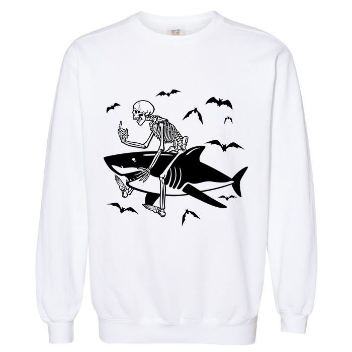 Scary Skeleton Riding Shark Garment-Dyed Sweatshirt