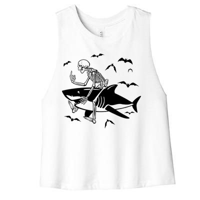 Scary Skeleton Riding Shark Women's Racerback Cropped Tank