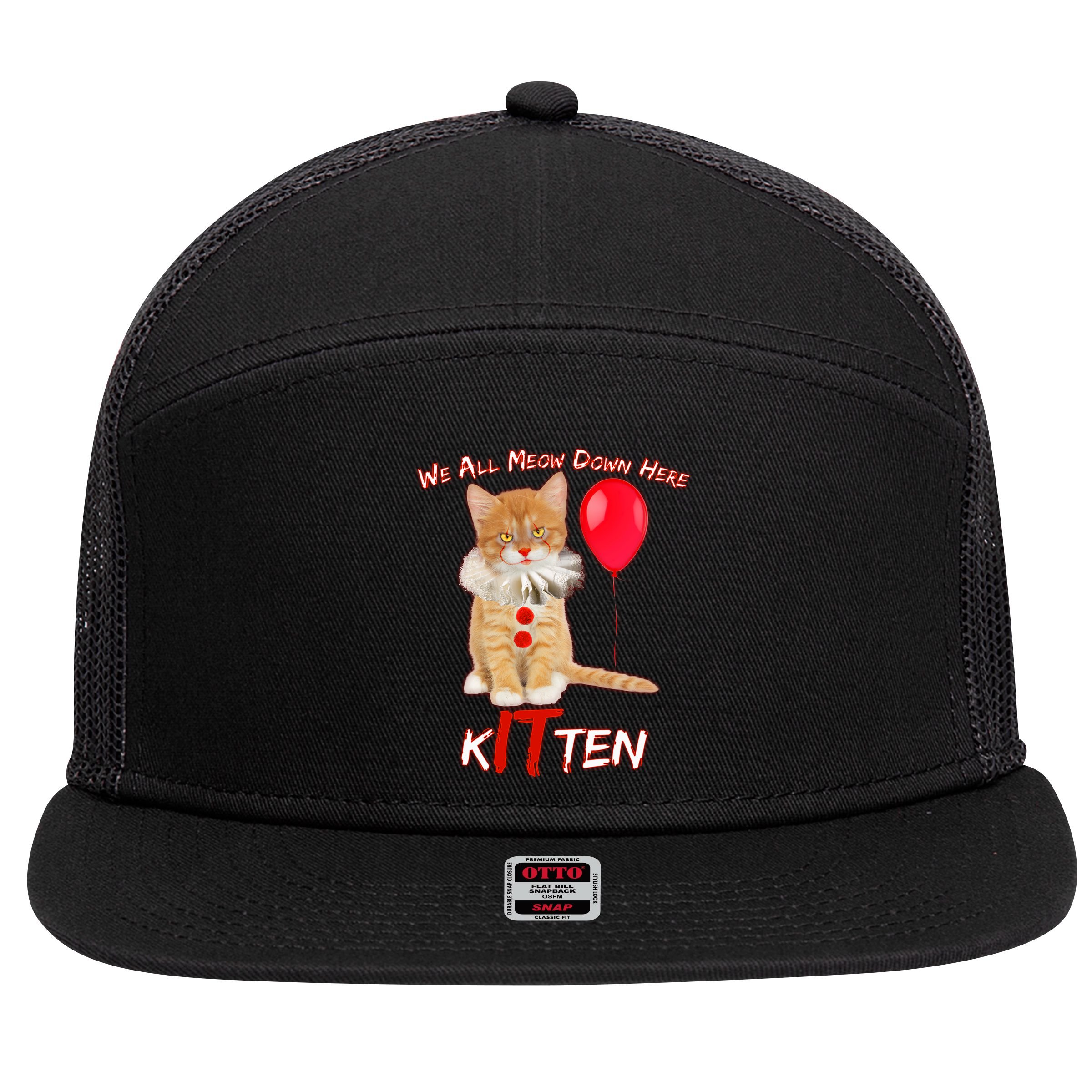 Scary We All Meow Down Here Clown Cat Kitten 7 Panel Mesh Trucker Snapback Hat