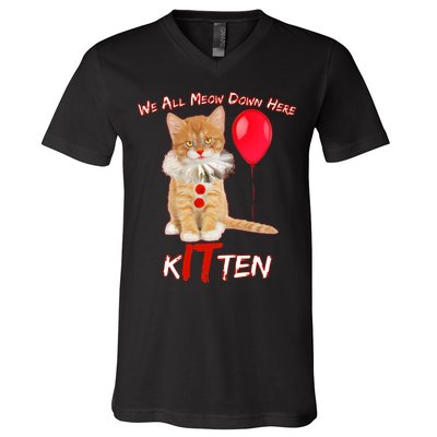Scary We All Meow Down Here Clown Cat Kitten V-Neck T-Shirt