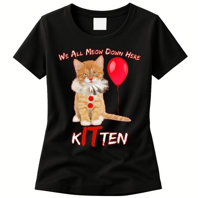 Scary We All Meow Down Here Clown Cat Kitten Womens T-Shirt